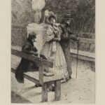 Nineteenth-century illustration of Jean Valjean, Cosette, and Marius from Victor Hugo’s Les Misérables