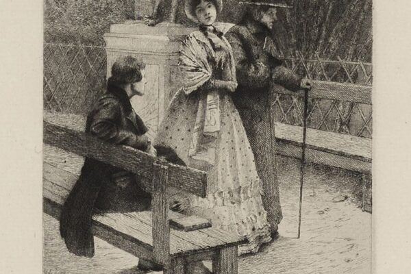Nineteenth-century illustration of Jean Valjean, Cosette, and Marius from Victor Hugo’s Les Misérables