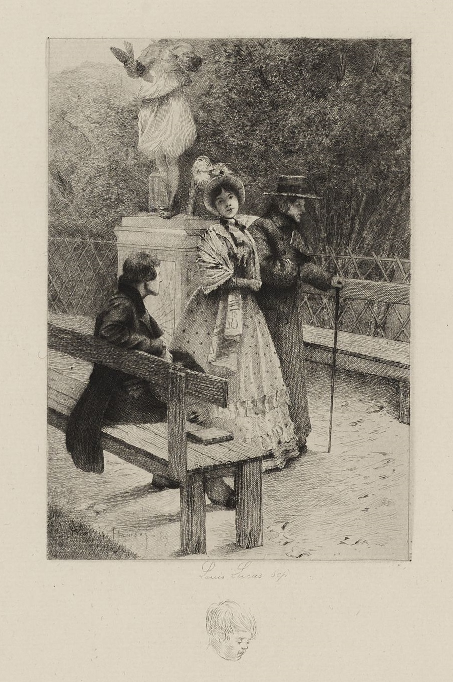 Nineteenth-century illustration of Jean Valjean, Cosette, and Marius from Victor Hugo’s Les Misérables