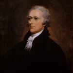 Oil portrait of Alexander Hamilton in a dark coat and white cravat, painted by John Trumbull in 1806