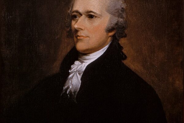 Oil portrait of Alexander Hamilton in a dark coat and white cravat, painted by John Trumbull in 1806