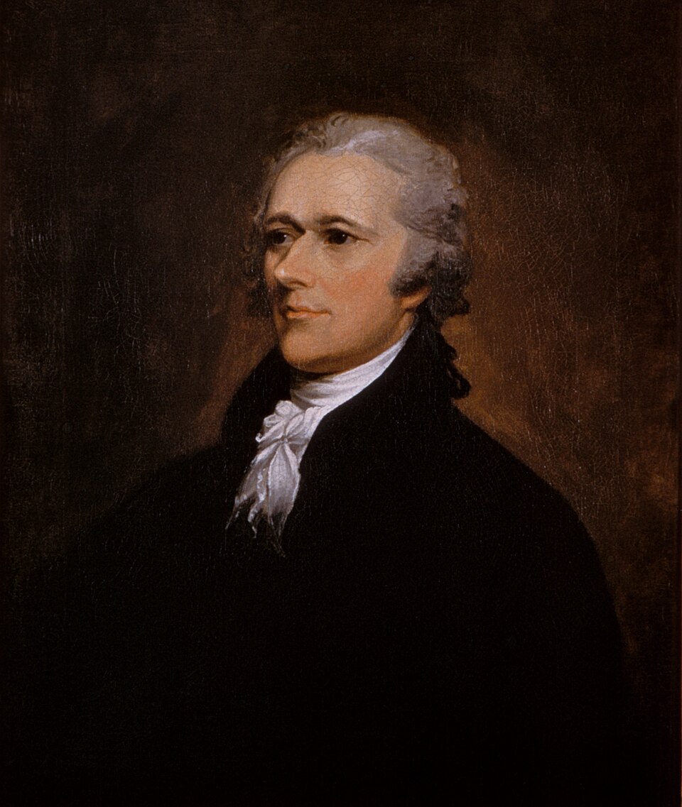 Oil portrait of Alexander Hamilton in a dark coat and white cravat, painted by John Trumbull in 1806