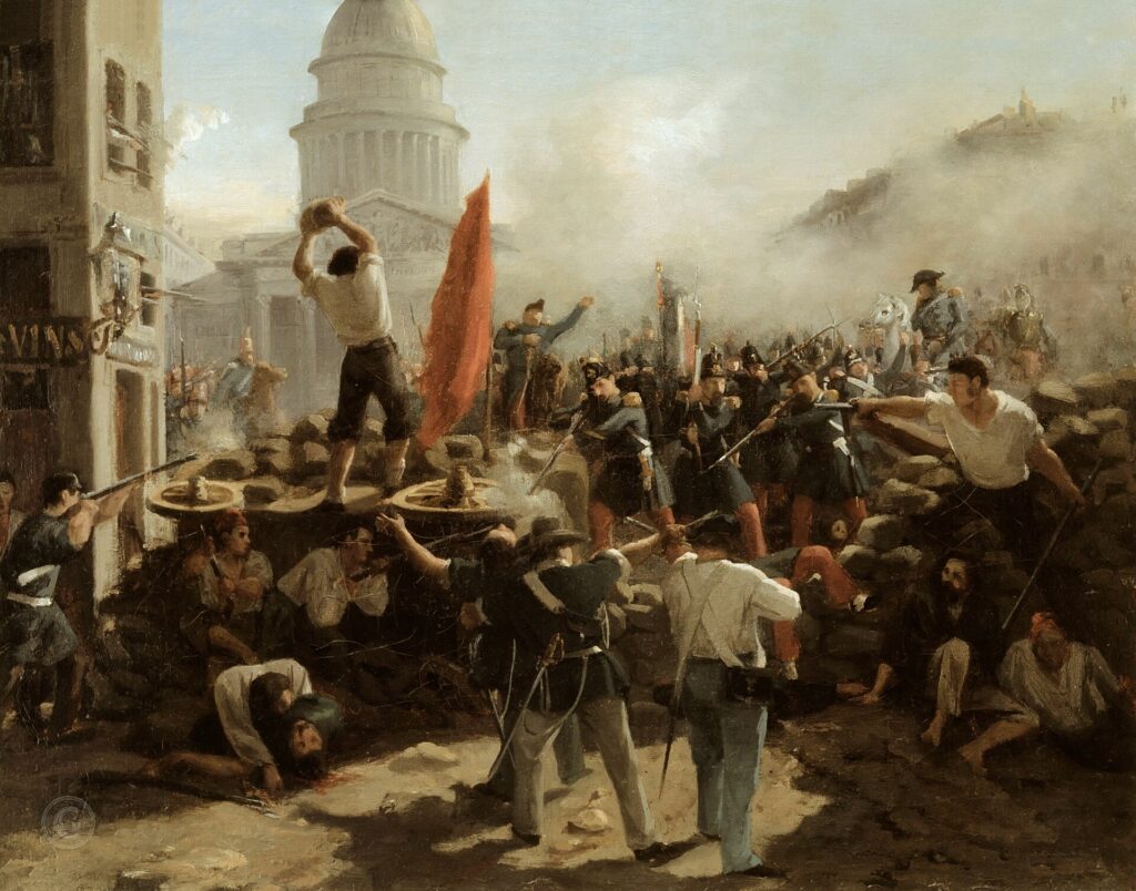 Horace Vernet painting of insurgents fighting at a street barricade on the Rue Soufflot in Paris, 1848