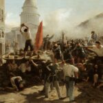 Horace Vernet painting of insurgents fighting at a street barricade on the Rue Soufflot in Paris, 1848
