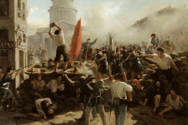 Horace Vernet painting of insurgents fighting at a street barricade on the Rue Soufflot in Paris, 1848