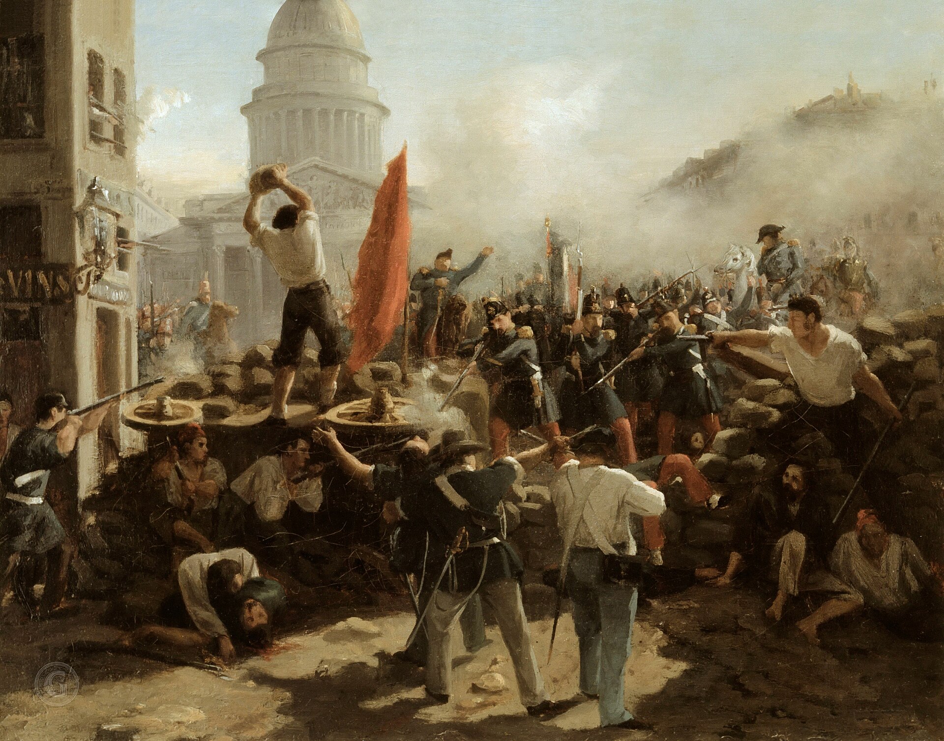 Horace Vernet painting of insurgents fighting at a street barricade on the Rue Soufflot in Paris, 1848