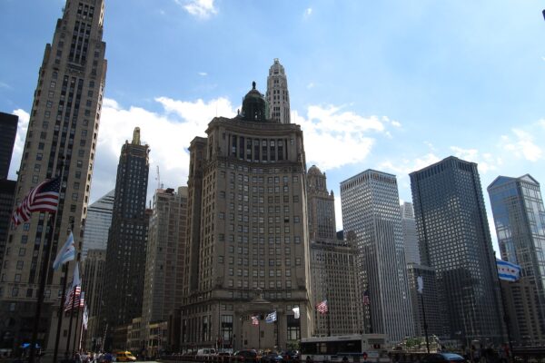Chicago skyscrapers from the 1920s, including the London Guarantee Building, seen from the Michigan Avenue Bridge