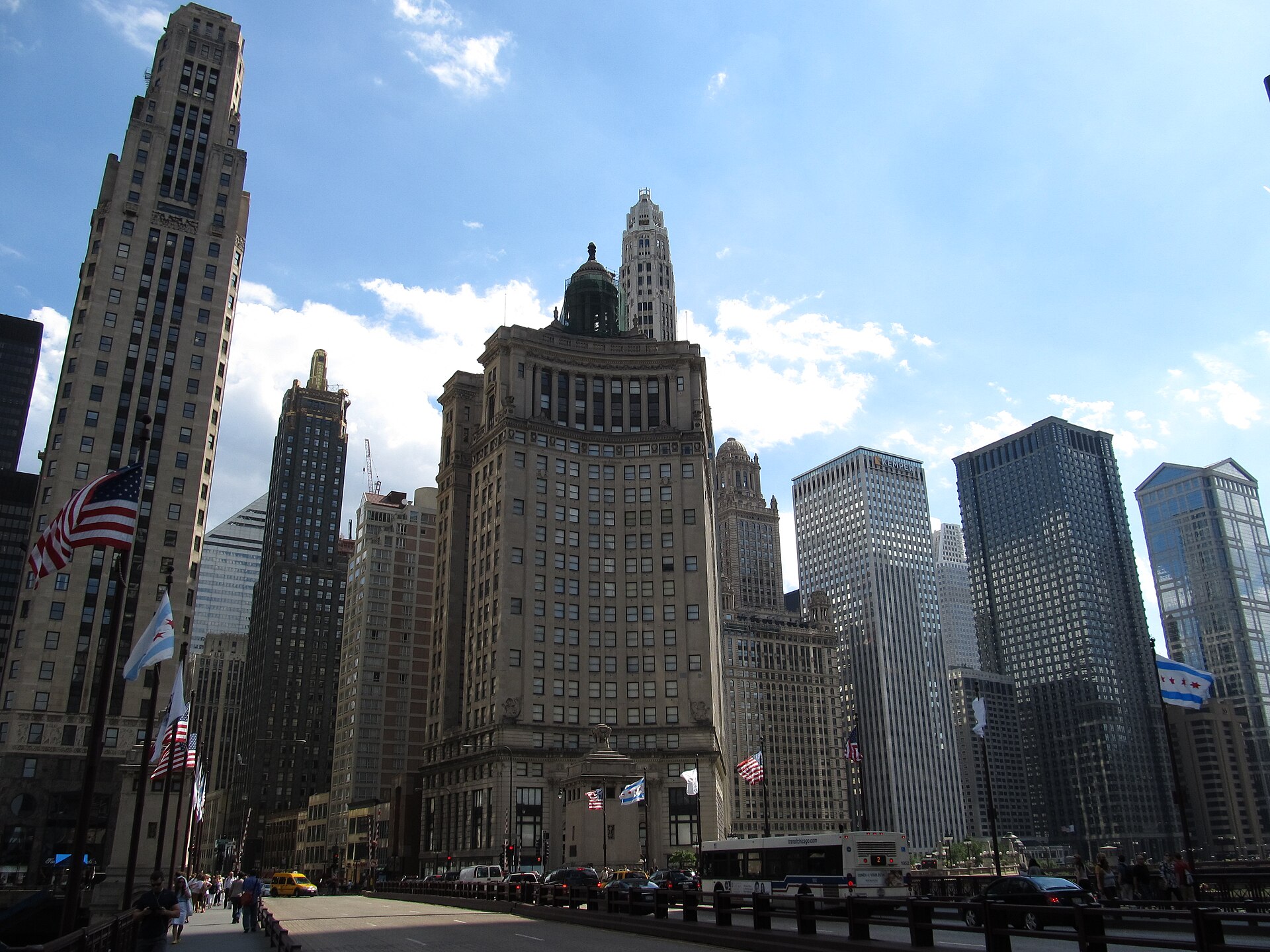 Chicago skyscrapers from the 1920s, including the London Guarantee Building, seen from the Michigan Avenue Bridge