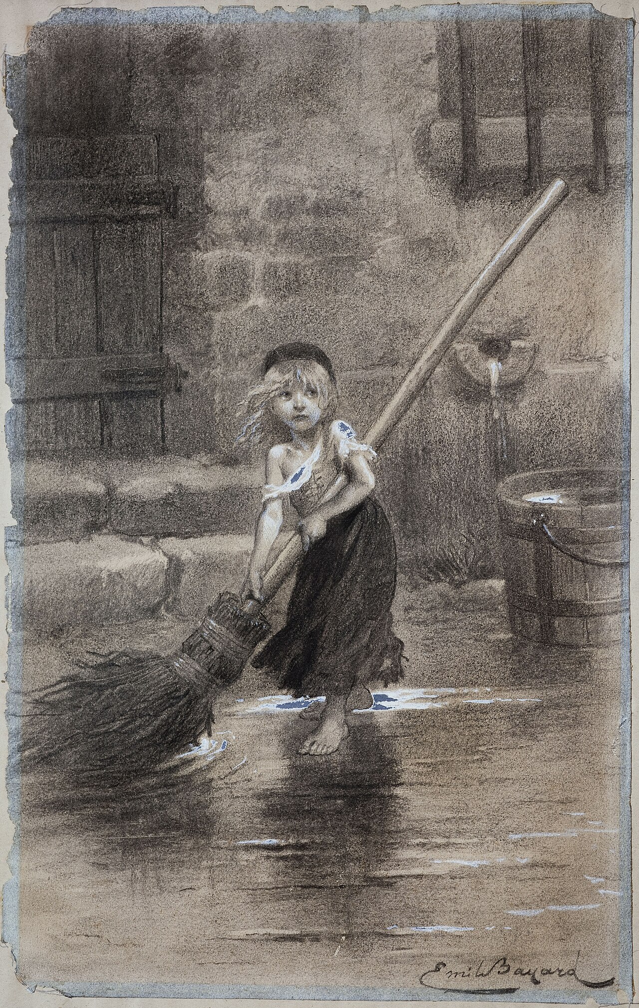 Émile Bayard's 1862 drawing of young Cosette in ragged clothes, holding a broom almost as tall as she is