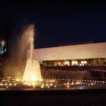 The Tanghalang Pambansa building of the Cultural Center of the Philippines in Pasay, lit up in the evening