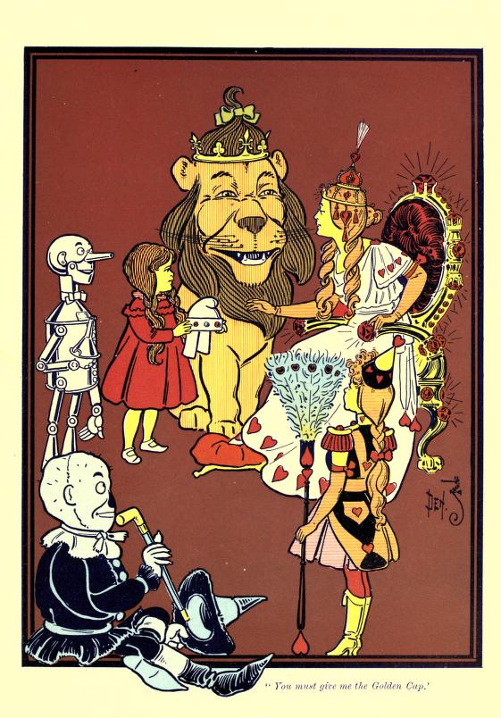 Colour illustration of Dorothy and her companions before a crowned figure on a red throne