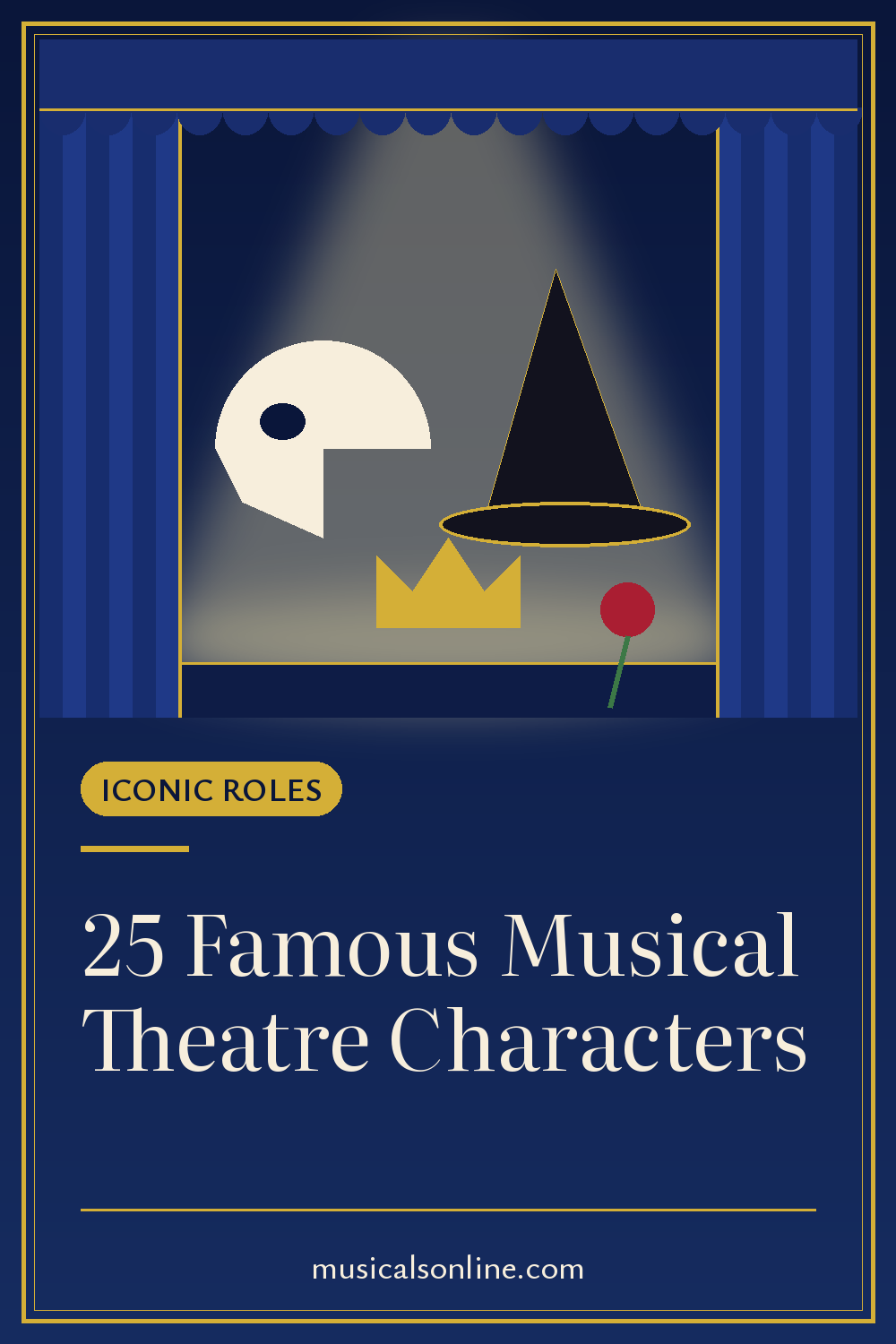 Pinterest graphic: Famous Musical Theatre Characters: 25 Iconic Roles from Musicals On Line