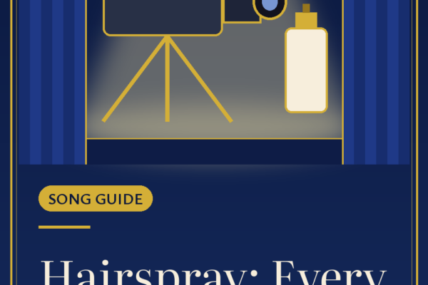 Pinterest graphic: Hairspray: Every Song Explained, with an illustrated vintage TV camera, music notes and an unbranded hairspray can under a stage spotlight