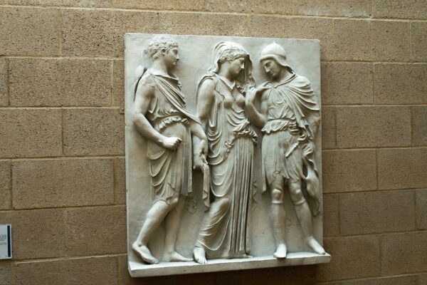 Classical relief showing Hermes, Eurydice and Orpheus, the three mythic figures at the heart of Hadestown