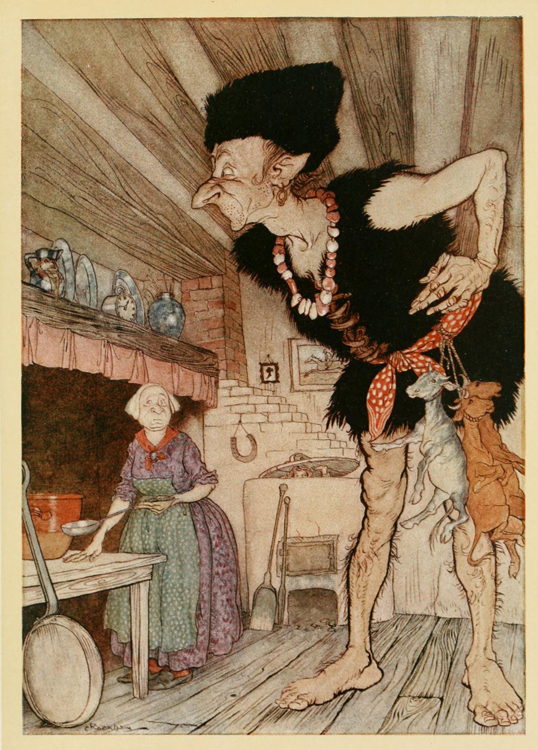 Arthur Rackham illustration of the giant from Jack and the Beanstalk saying Fee-fi-fo-fum