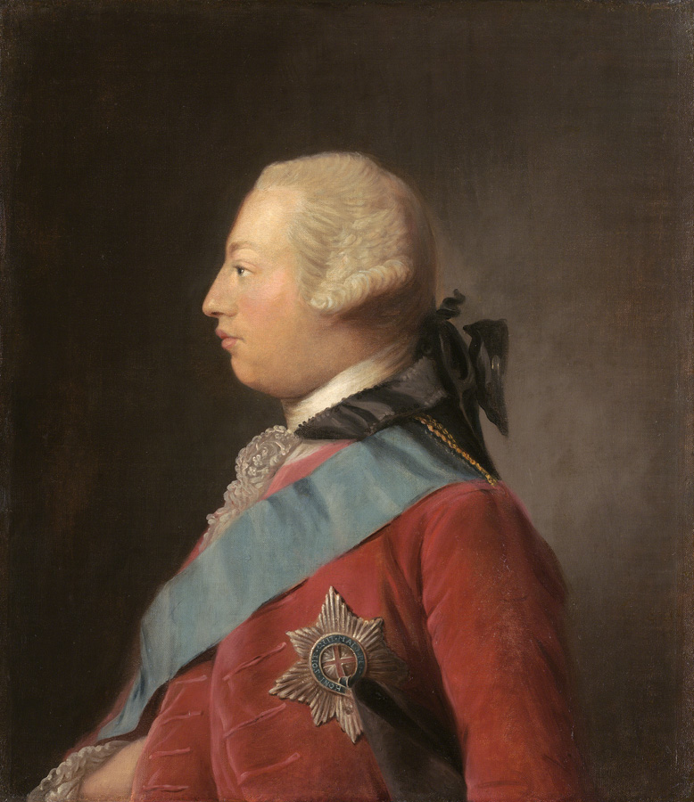 Portrait of King George III in a red coat with a blue sash by Allan Ramsay