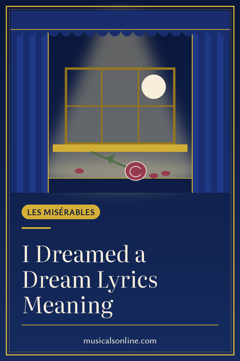 Pinterest graphic: I Dreamed a Dream Lyrics Meaning, with an illustrated factory window, moon and a fallen rose on a stage