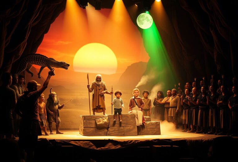 AI-generated stage scene at sunset with animal puppets and performers under an orange sky, evocative of The Lion King musical