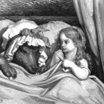 Gustave Doré engraving of Little Red Riding Hood in bed beside the wolf disguised as her grandmother