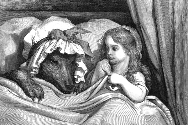 Gustave Doré engraving of Little Red Riding Hood in bed beside the wolf disguised as her grandmother