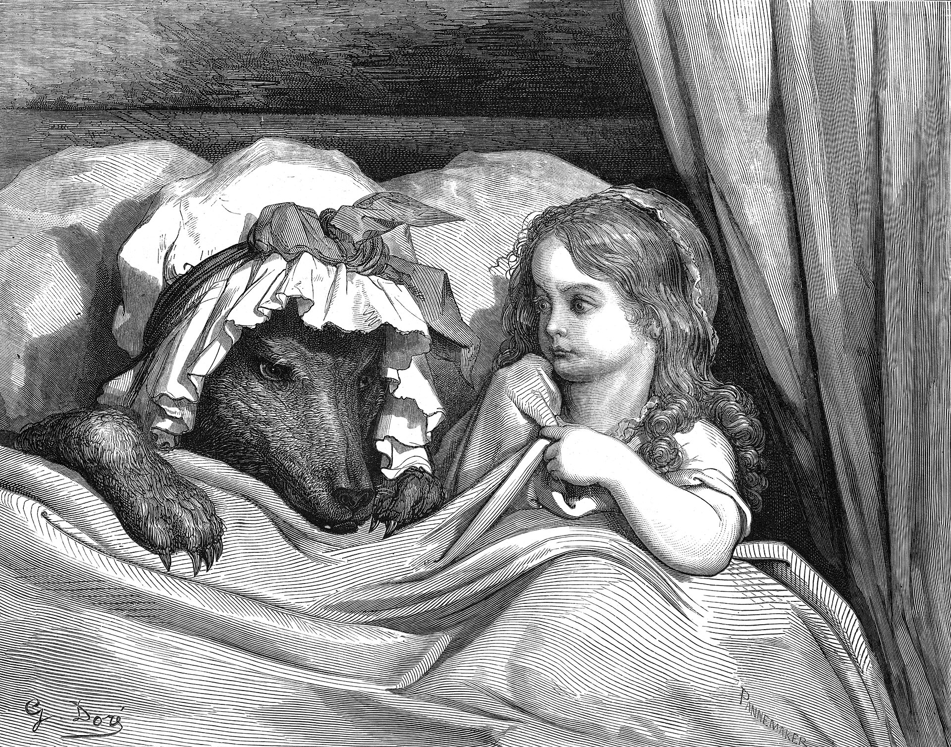 Gustave Doré engraving of Little Red Riding Hood in bed beside the wolf disguised as her grandmother