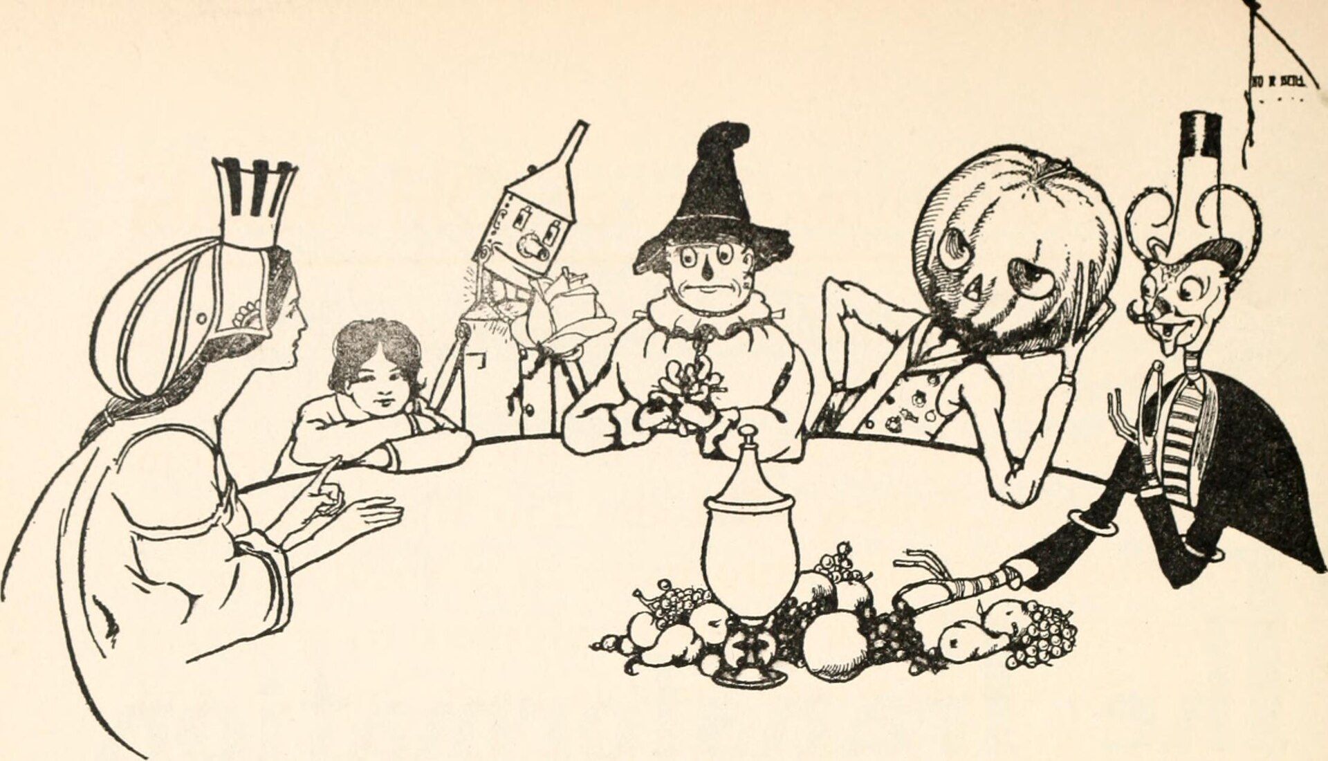 John R. Neill's 1904 line drawing of Oz characters, including the Scarecrow and Tin Woodman, seated at a banquet table