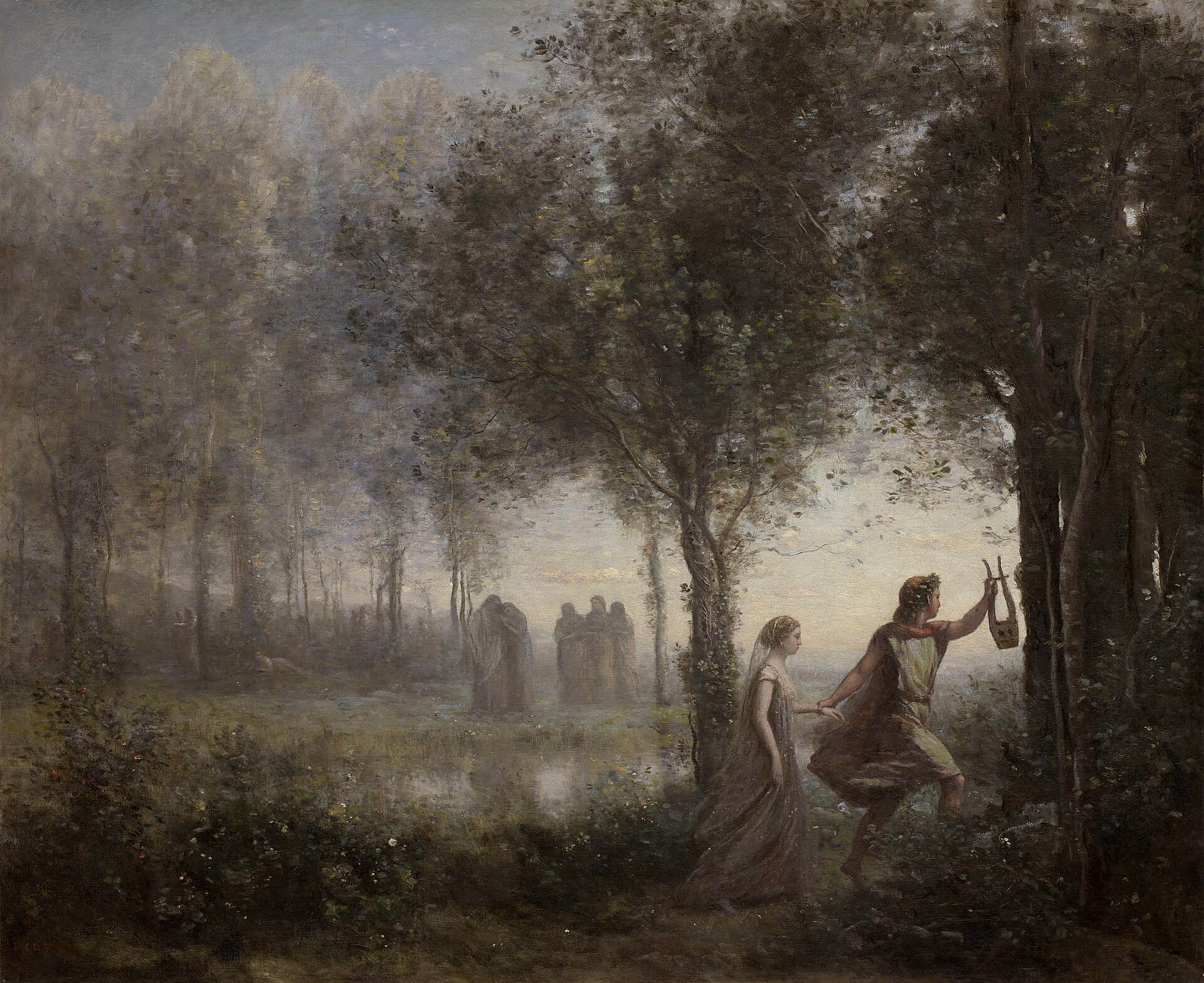 Corot painting of Orpheus raising his lyre as he leads Eurydice out of the shadowy underworld