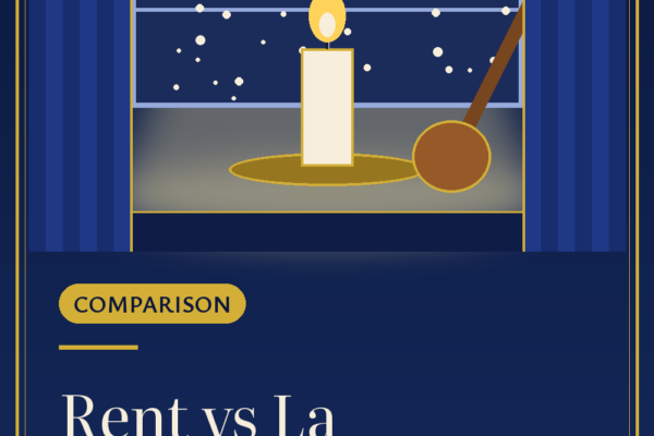 Pinterest graphic: Rent vs La Bohème, Explained, with an illustrated lit candle and guitar in front of a snowy window