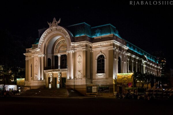 The Saigon Opera House, a French colonial-era theatre in Ho Chi Minh City, lit up at night