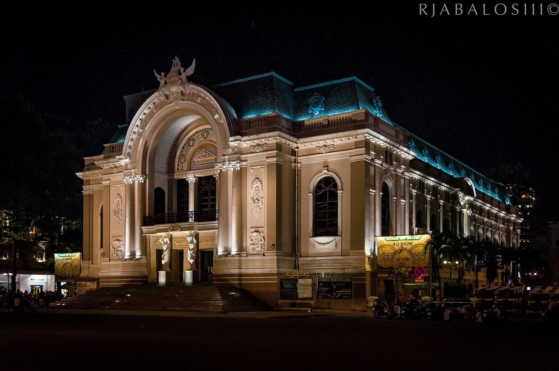 The Saigon Opera House, a French colonial-era theatre in Ho Chi Minh City, lit up at night