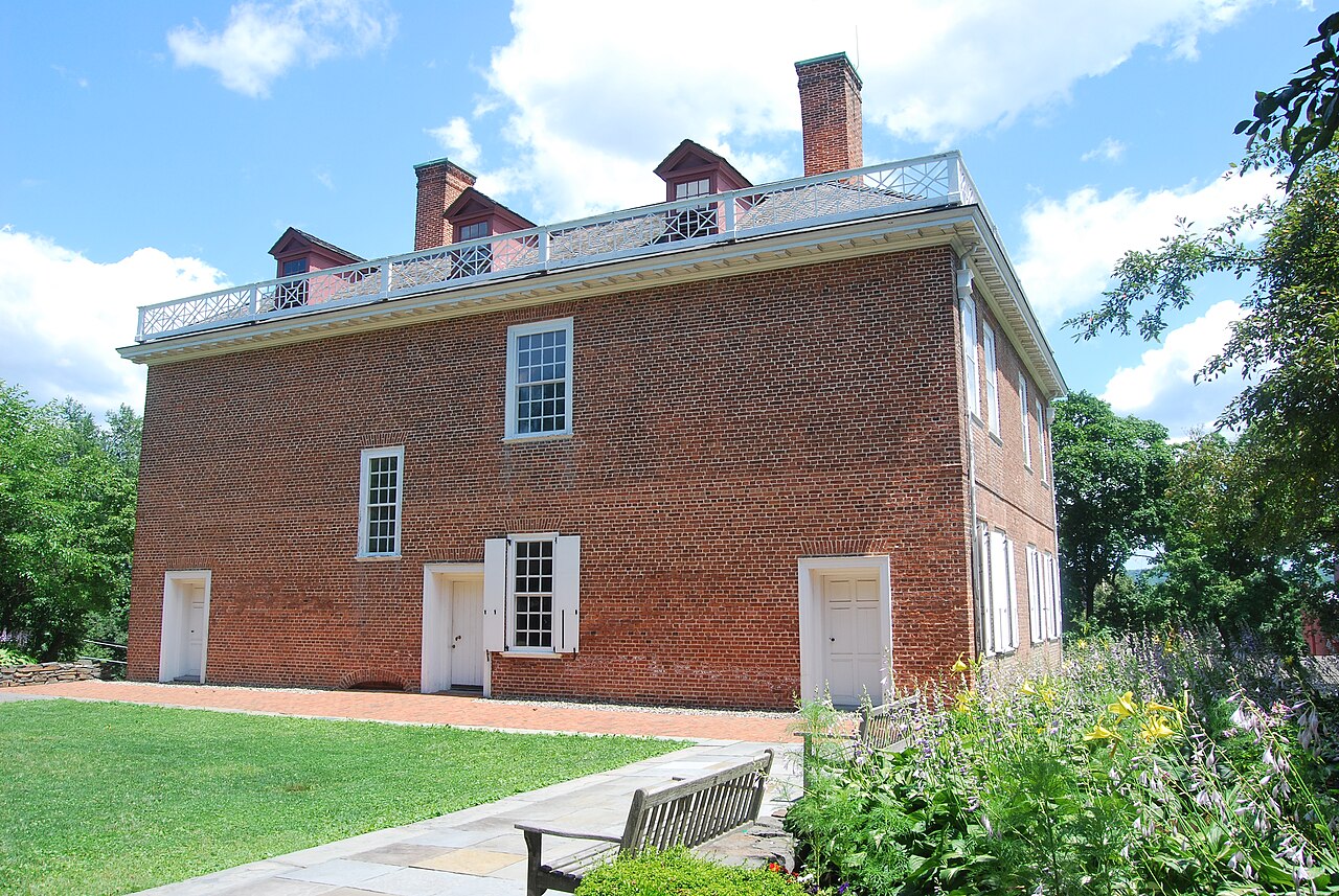 Rear view of the Schuyler Mansion, a Georgian brick house in Albany, New York