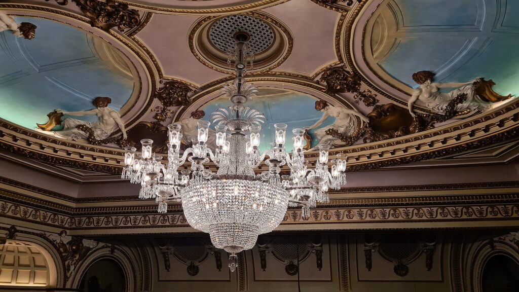 Interior of the Sondheim Theatre in London's West End, home of Les Misérables, showing the stalls and ornate balconies