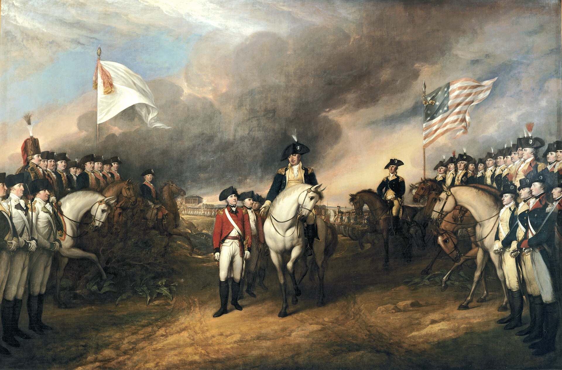 John Trumbull painting of the British surrender at Yorktown in 1781, with American and French troops lined up on either side
