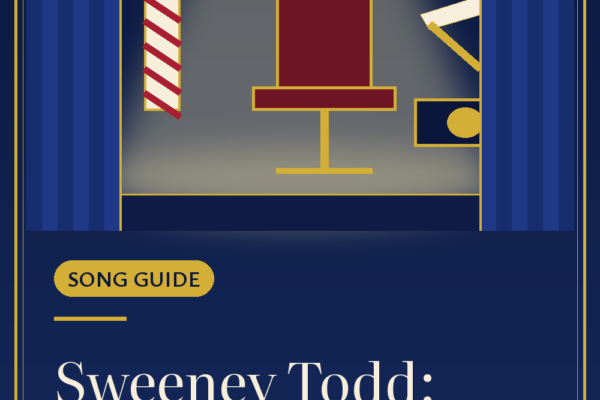 Pinterest graphic: Sweeney Todd: Every Song Explained, with an illustrated barber pole, red barber chair and folded razor under a stage spotlight