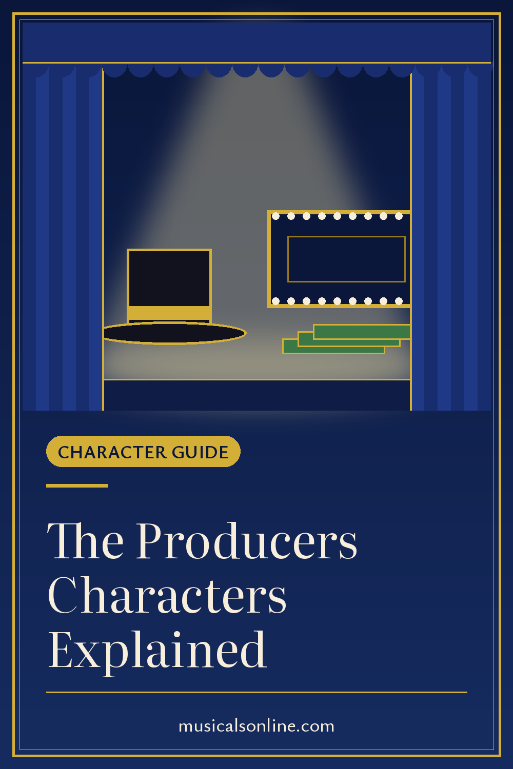Pinterest graphic: The Producers Characters Explained: Max, Leo & Carmen Ghia from Musicals On Line