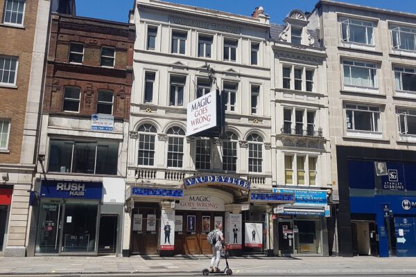 Facade of the Vaudeville Theatre on the Strand in London, where SIX the Musical Live! was filmed