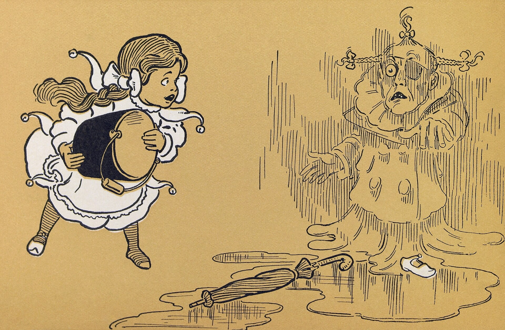 W. W. Denslow illustration of the Wicked Witch of the West melting, from the first edition of The Wonderful Wizard of Oz