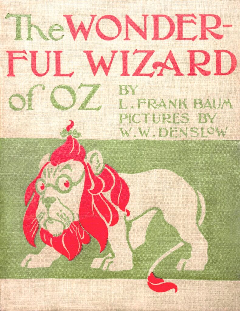 Cover of the 1900 first edition of The Wonderful Wizard of Oz with lettering and illustration by W. W. Denslow